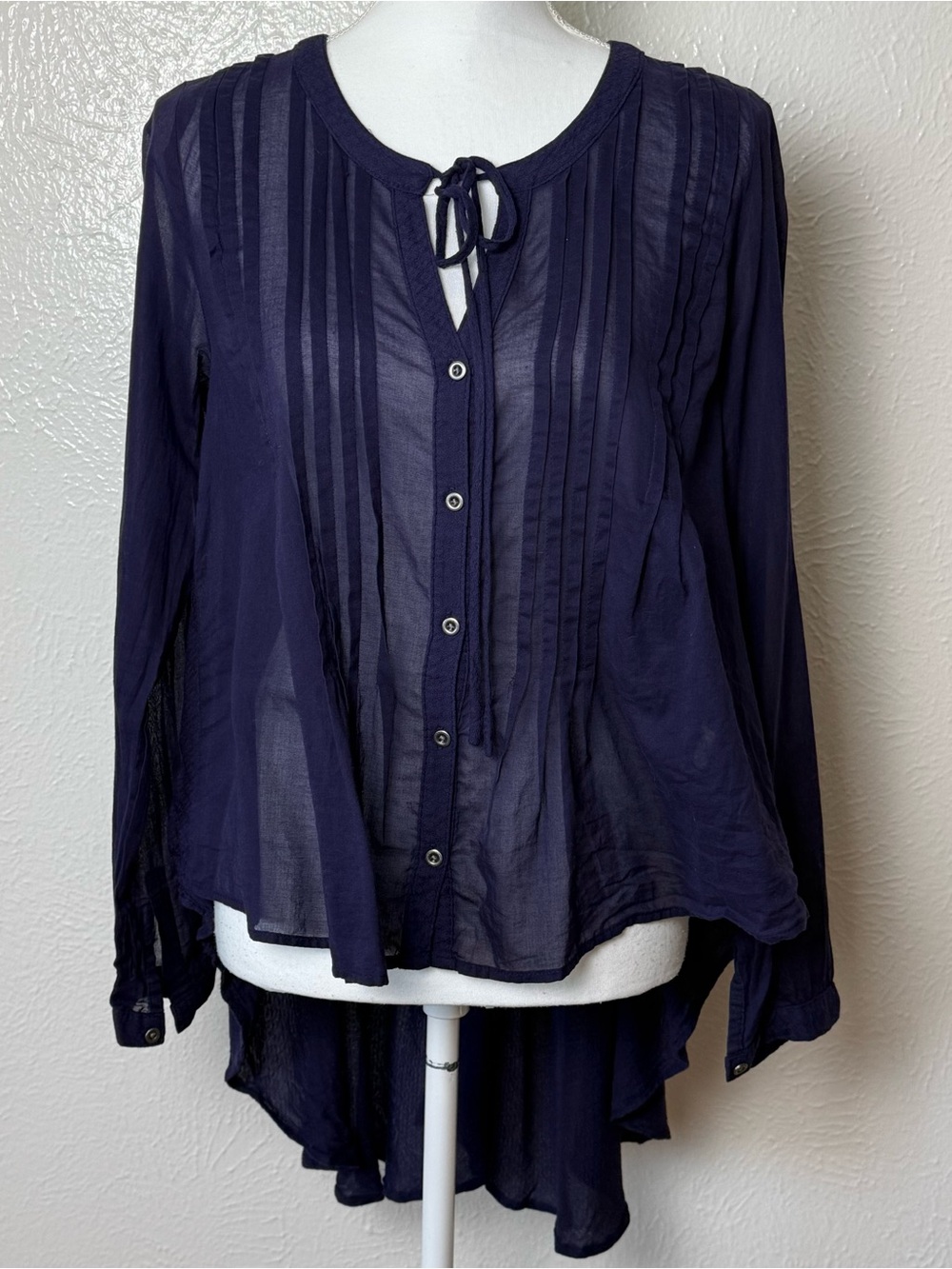 Free People Navy Pintuck Button-Front Tie-Neck Sheer Blouse